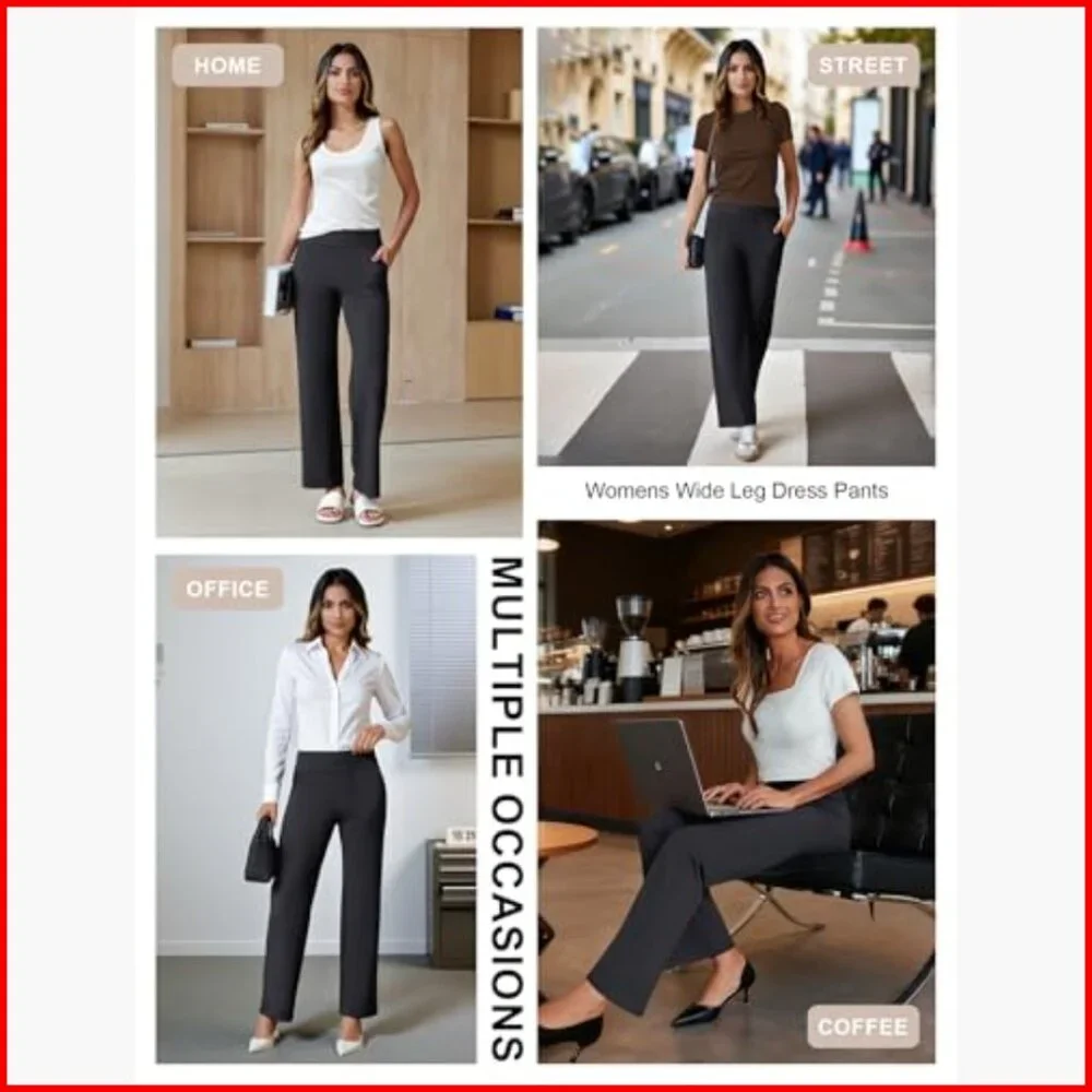 Stretchy Wide Leg Dress Pants Pull On Office Slacks with 4 Pockets - Picture 5 of 7